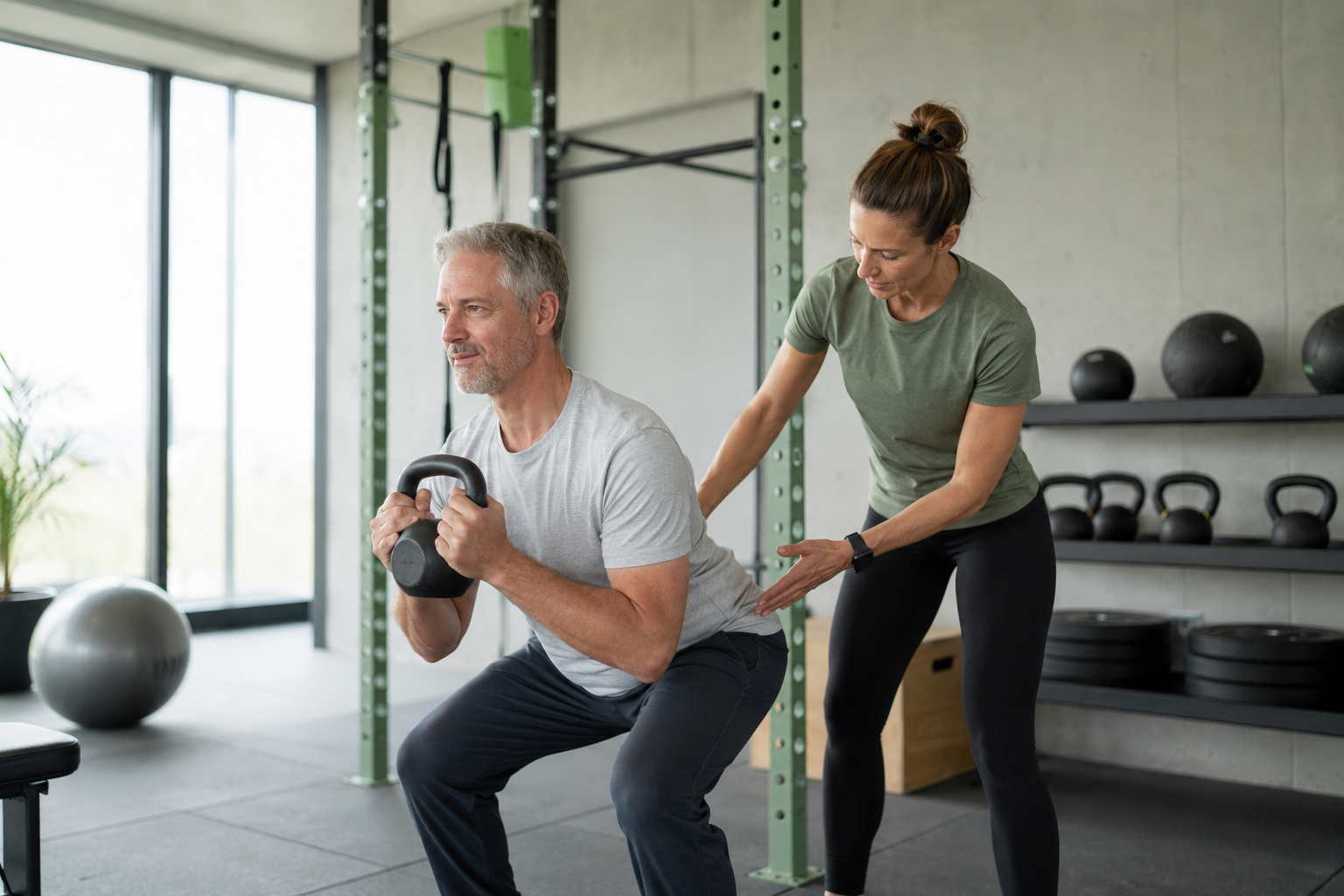 Betreutes funktionelles Training mit Kniebeuge und Kettlebell